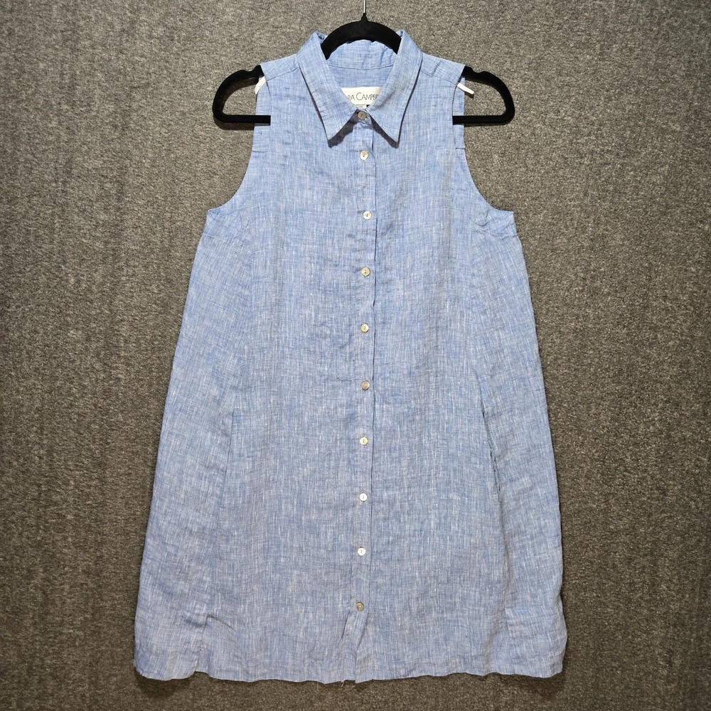 Sara Campbell Linen Front Button Sleeveless Collar Shirt Dress Size Small USA